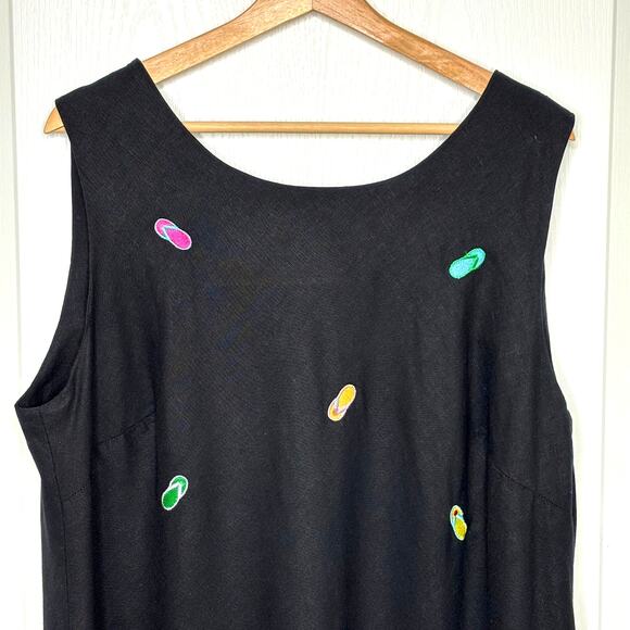 Megan Lee Wms 22W Vintage Black Linen Blend Embroidered Flip Flops Midi Dress - Picture 4 of 10